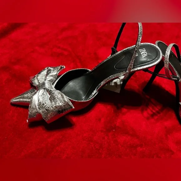 Zara Silver Metallic Slingback Heels with Bow - Picture 3 of 7